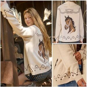 NEW J.O.A. HORSE JACQUARD Shawl Knit “Giddy Up” Western Cardigan - Tan/Beige - M